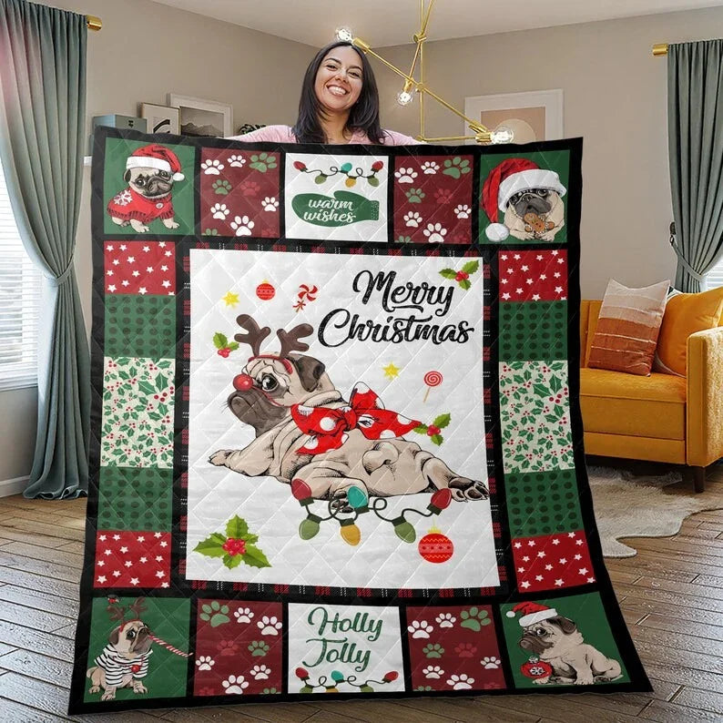 Personalized Awesome Pug Dog Merry Christmas 3-Piece Quilt Bedding Set With Pillowcases