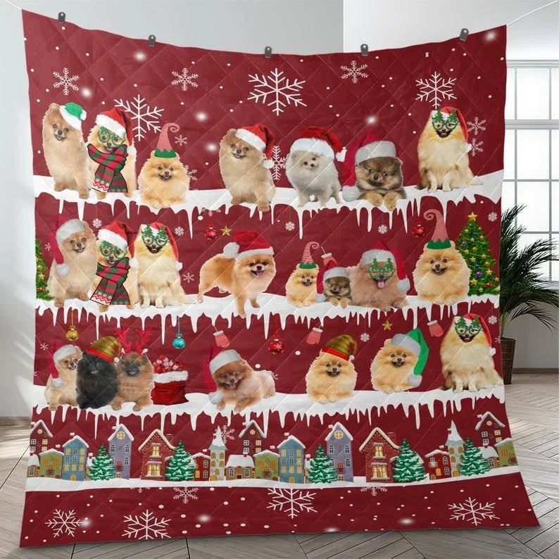 Personalized Awesome Pomeranian Dog Christmas 3-Piece Quilt Bedding Set With Pillowcases
