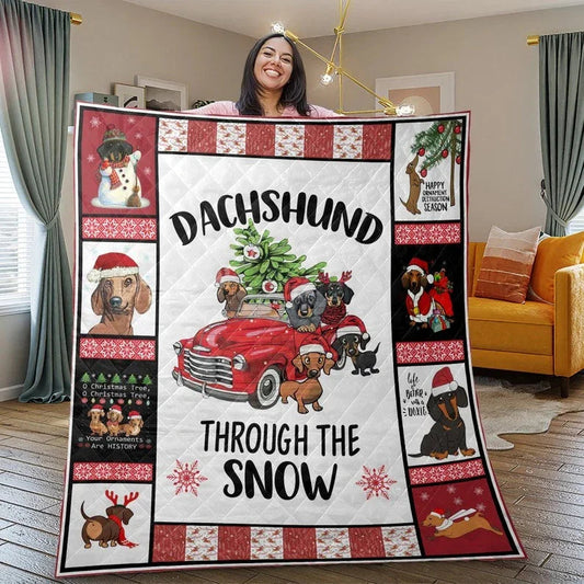Personalized Dachshund Through The Snow Christmas Cartoon 3-Piece Quilt Bedding Set With Pillowcases