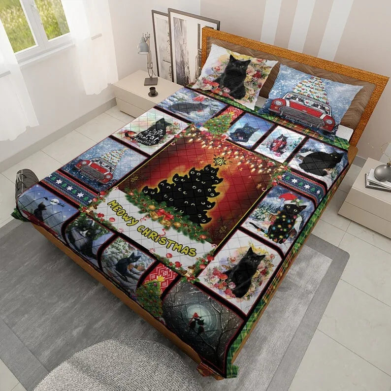Personalized Vintage Black Cats Meowy Christmas 3-Piece Quilt Bedding Set With Pillowcases
