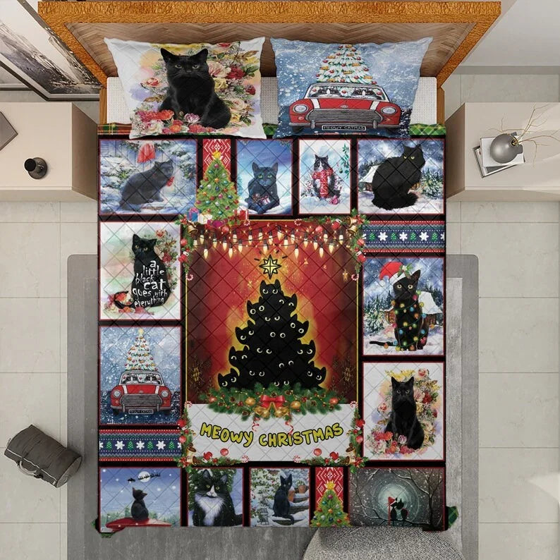 Personalized Vintage Black Cats Meowy Christmas 3-Piece Quilt Bedding Set With Pillowcases
