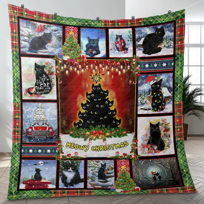 Personalized Vintage Black Cats Meowy Christmas 3-Piece Quilt Bedding Set With Pillowcases