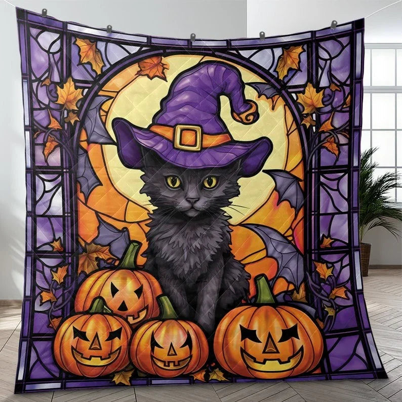 Personalized Black Cat Witch Pumpkin Halloween 3-Piece Quilt Bedding Set With Pillowcases