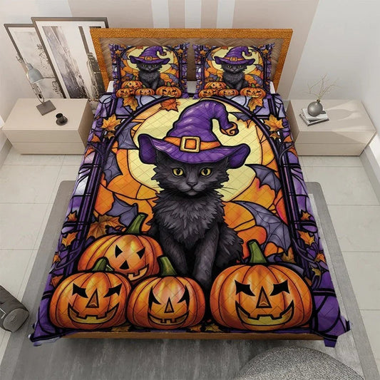 Personalized Black Cat Witch Pumpkin Halloween 3-Piece Quilt Bedding Set With Pillowcases