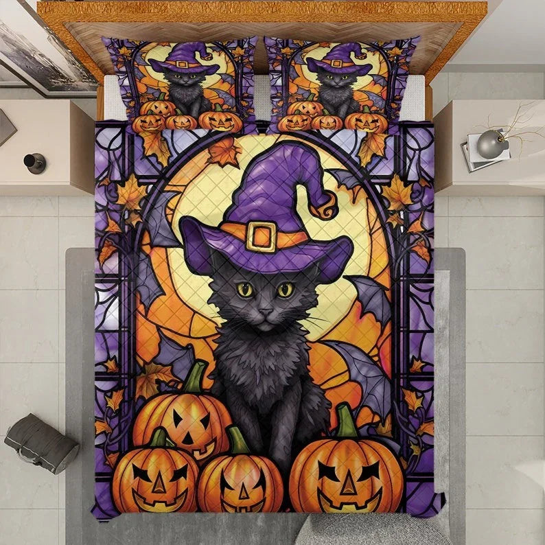 Personalized Black Cat Witch Pumpkin Halloween 3-Piece Quilt Bedding Set With Pillowcases