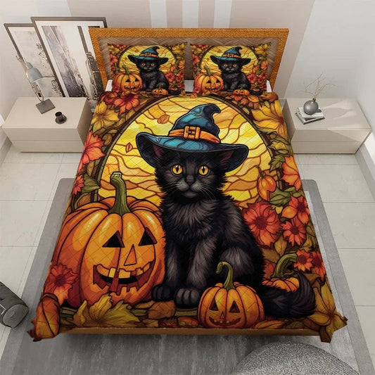Personalized Vintage Black Cat Witch Pumpkin Halloween 3-Piece Quilt Bedding Set With Pillowcases