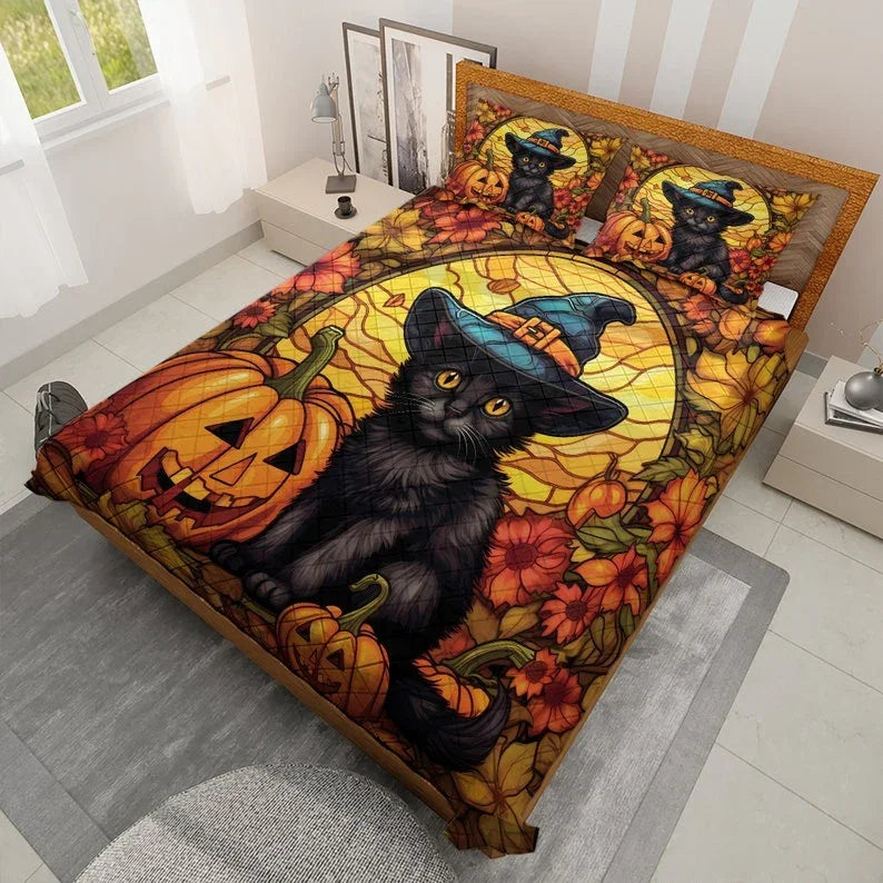Personalized Vintage Black Cat Witch Pumpkin Halloween 3-Piece Quilt Bedding Set With Pillowcases