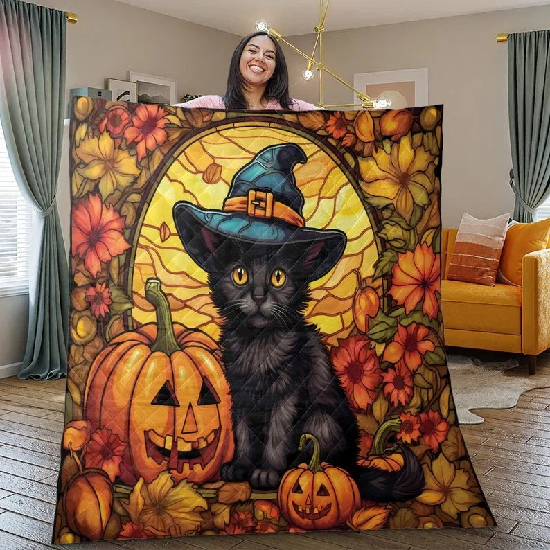 Personalized Vintage Black Cat Witch Pumpkin Halloween 3-Piece Quilt Bedding Set With Pillowcases