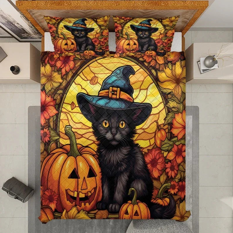 Personalized Vintage Black Cat Witch Pumpkin Halloween 3-Piece Quilt Bedding Set With Pillowcases