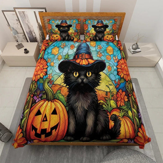Personalized Cute Black Cat Pumpkin Witch Halloween 3-Piece Quilt Bedding Set With Pillowcases