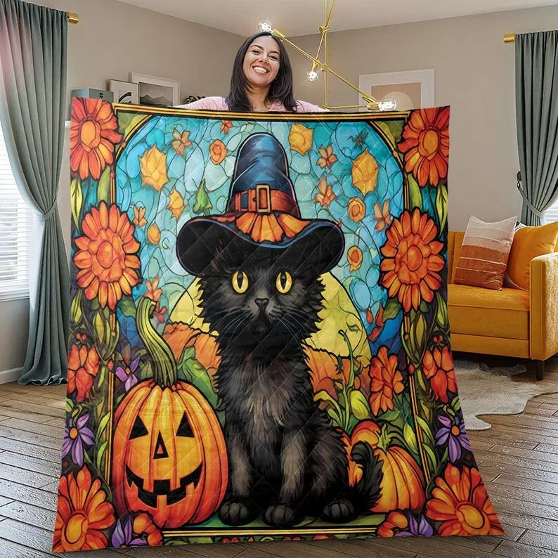 Personalized Cute Black Cat Pumpkin Witch Halloween 3-Piece Quilt Bedding Set With Pillowcases