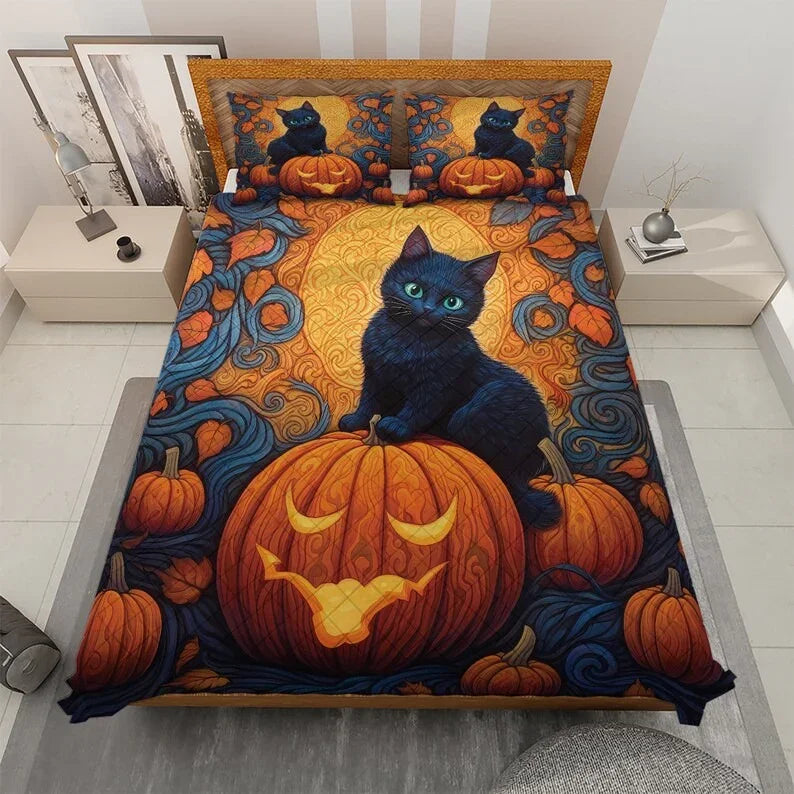 Personalized Cute Black Cat Pumpkin Halloween 3-Piece Quilt Bedding Set With Pillowcases