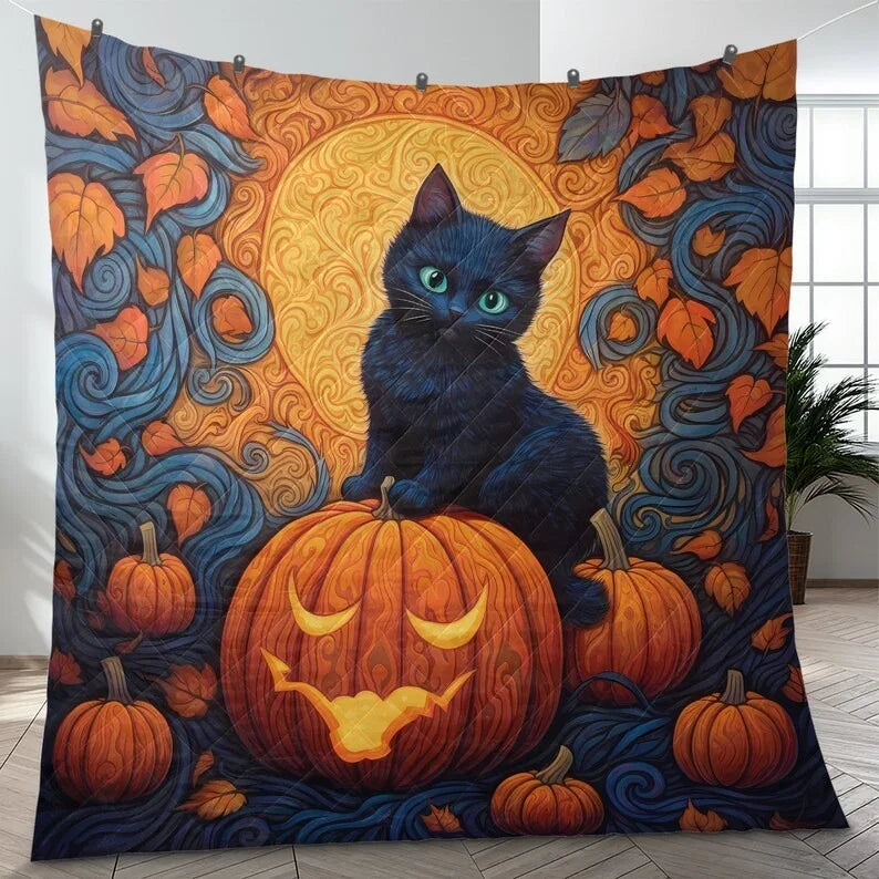 Personalized Cute Black Cat Pumpkin Halloween 3-Piece Quilt Bedding Set With Pillowcases
