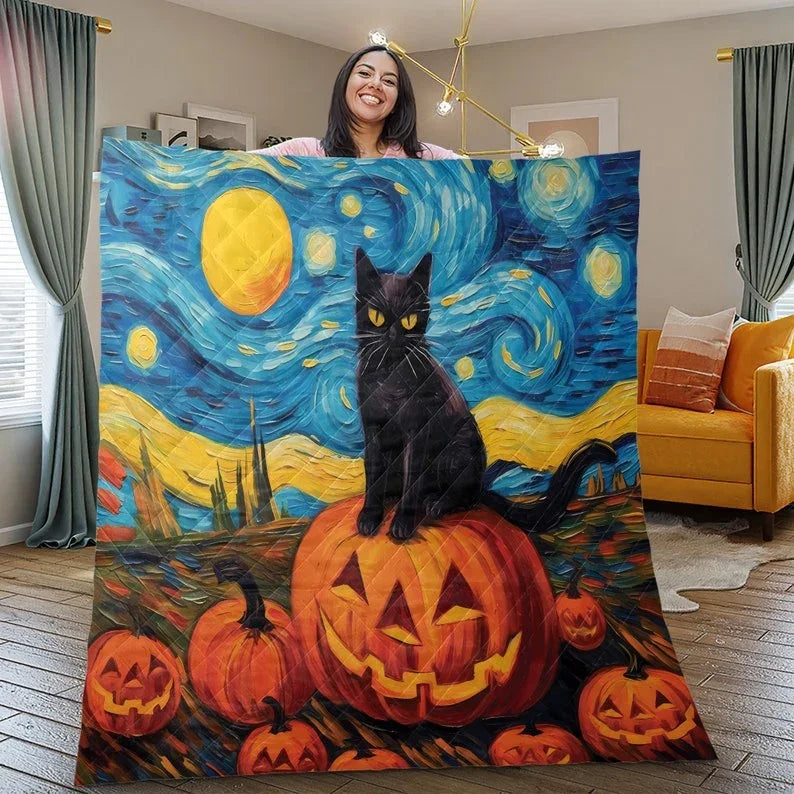 Personalized Cute Evil Black Cat Witch Pumpkin in Starry Night Halloween 3-Piece Quilt Bedding Set With Pillowcases