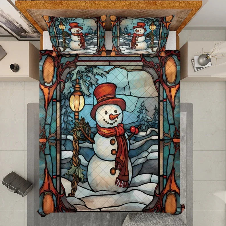 Personalized Retro Snowman in Christmas Night 3-Piece Quilt Bedding Set With Pillowcases