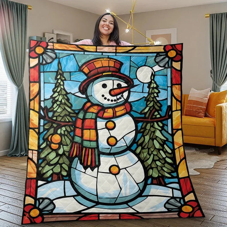 Personalized Colorful Snowman in Christmas Night 3-Piece Quilt Bedding Set With Pillowcases