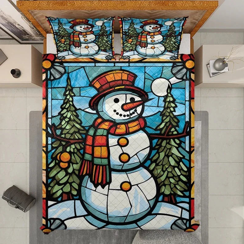 Personalized Colorful Snowman in Christmas Night 3-Piece Quilt Bedding Set With Pillowcases