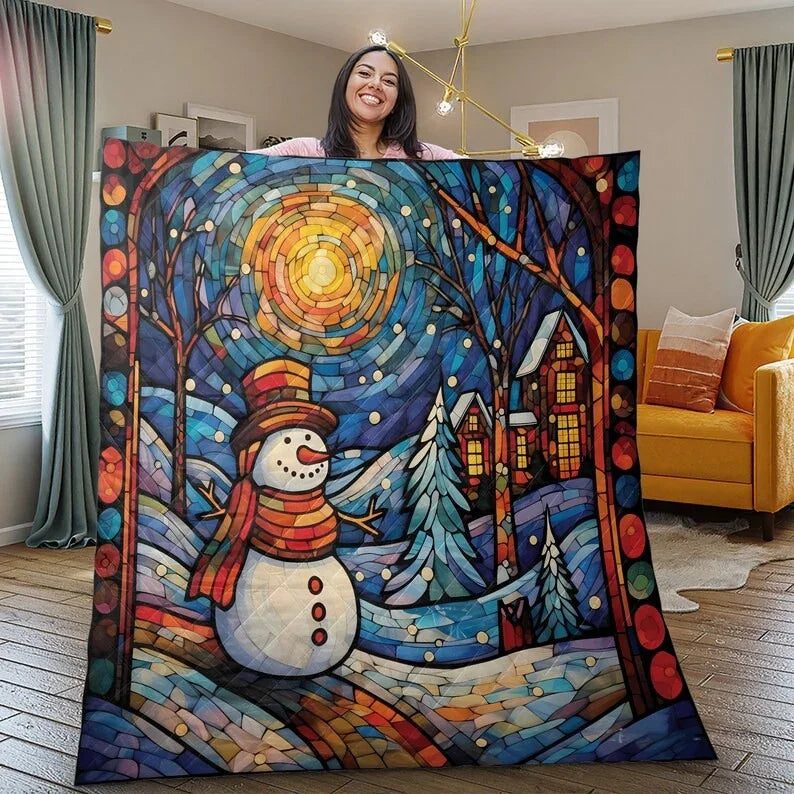 Personalized Snowman in Colorful Christmas 3-Piece Quilt Bedding Set With Pillowcases