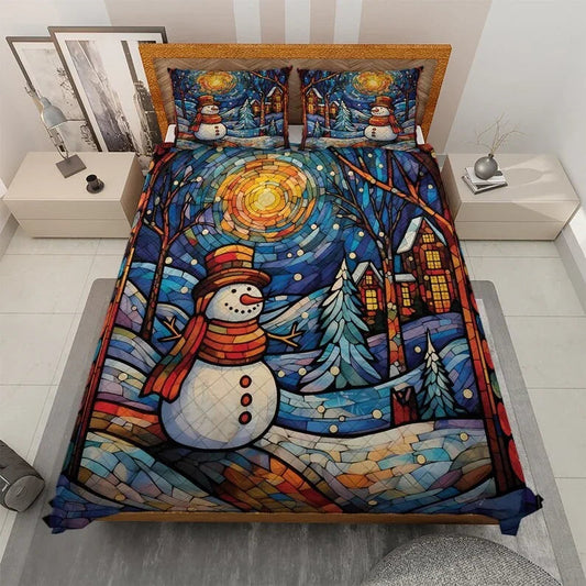 Personalized Snowman in Colorful Christmas 3-Piece Quilt Bedding Set With Pillowcases