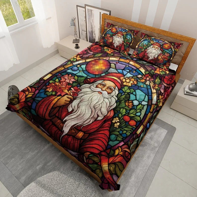 Personalized Vintage Santa Claus with Flower Christmas 3-Piece Quilt Bedding Set With Pillowcases