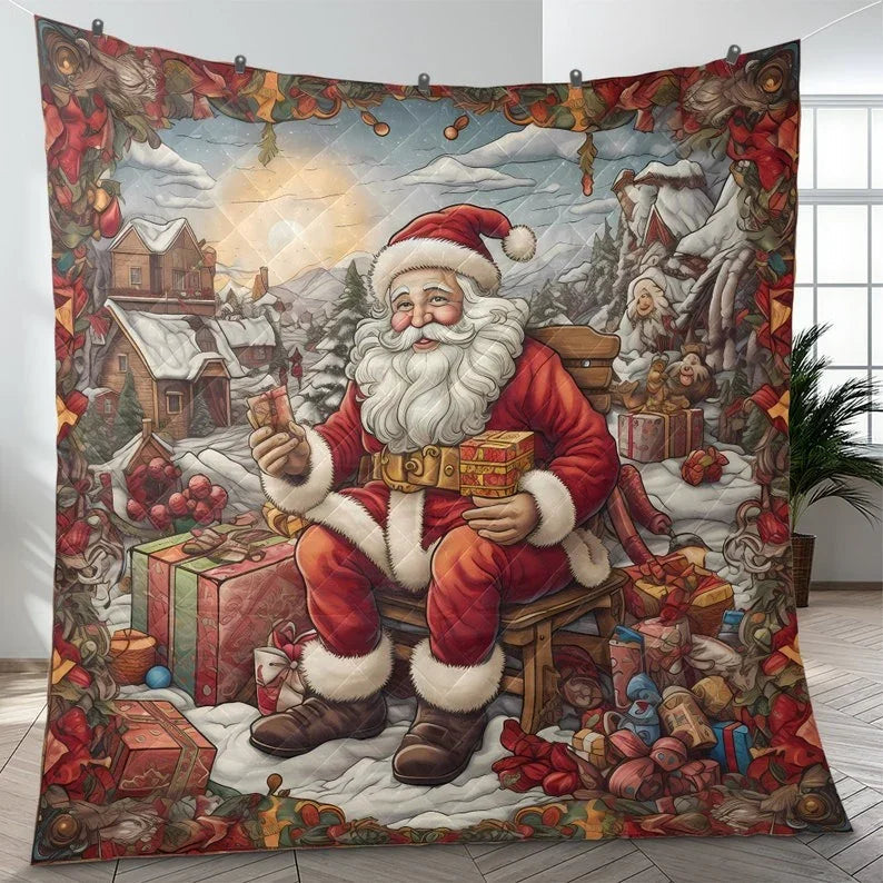 Personalized Vintage Santa Claus with Gift Christmas 3-Piece Quilt Bedding Set With Pillowcases