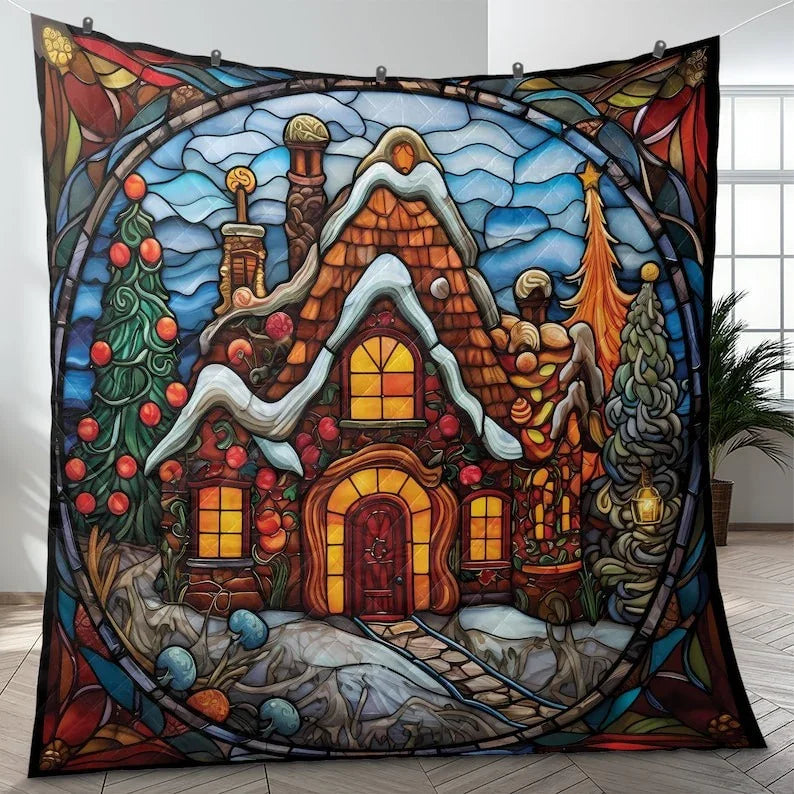 Personalized Gingerbread House Christmas Stained Glass Design 3-Piece Quilt Bedding Set With Pillowcases