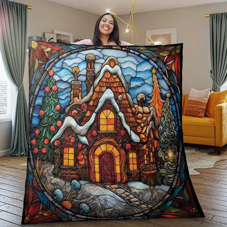 Personalized Gingerbread House Christmas Stained Glass Design 3-Piece Quilt Bedding Set With Pillowcases