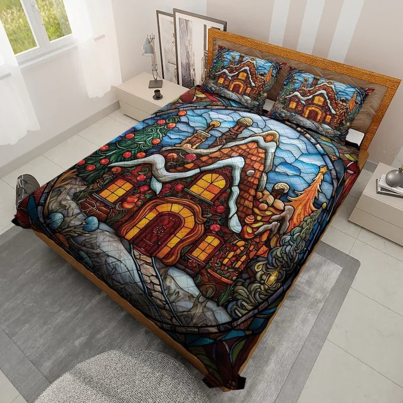 Personalized Gingerbread House Christmas Stained Glass Design 3-Piece Quilt Bedding Set With Pillowcases