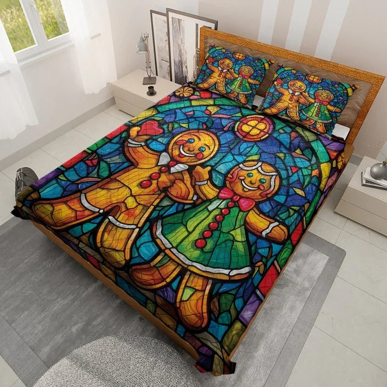 Personalized Vintage Gingerbread Couple Christmas 3-Piece Quilt Bedding Set With Pillowcases