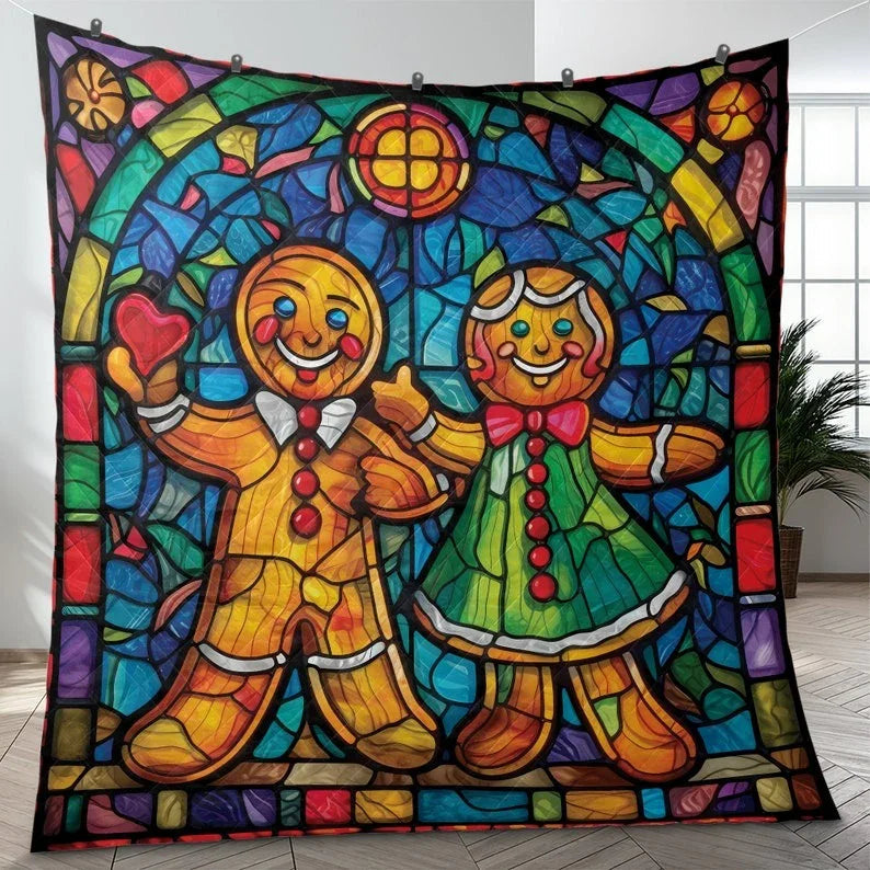 Personalized Vintage Gingerbread Couple Christmas 3-Piece Quilt Bedding Set With Pillowcases