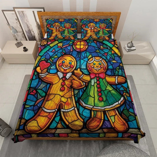Personalized Vintage Gingerbread Couple Christmas 3-Piece Quilt Bedding Set With Pillowcases