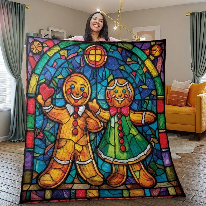 Personalized Vintage Gingerbread Couple Christmas 3-Piece Quilt Bedding Set With Pillowcases