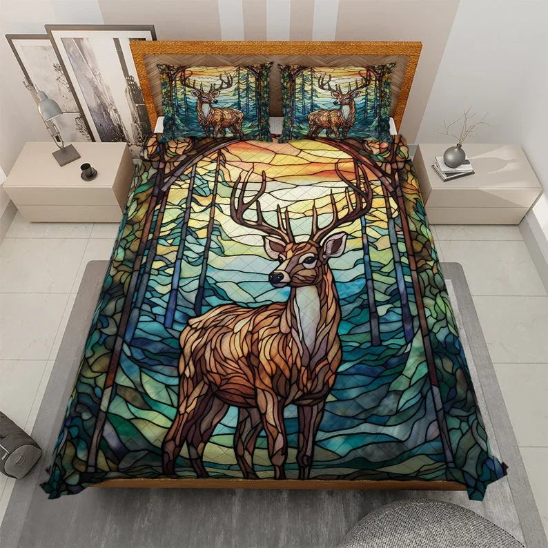 Personalized Vintage Reindeers Christmas 3-Piece Quilt Bedding Set With Pillowcases