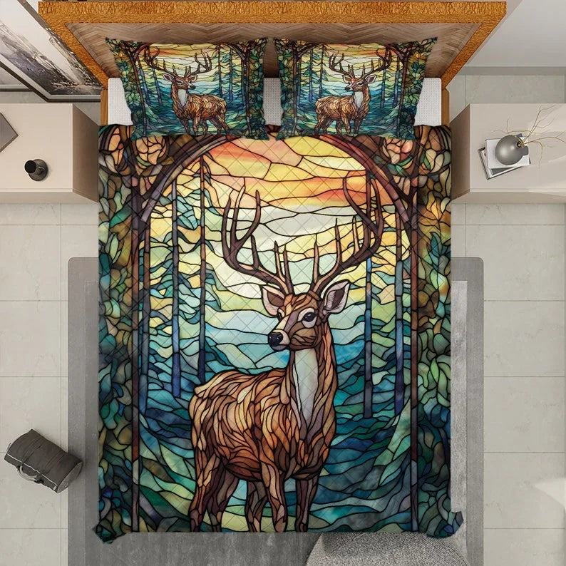 Personalized Vintage Reindeers Christmas 3-Piece Quilt Bedding Set With Pillowcases