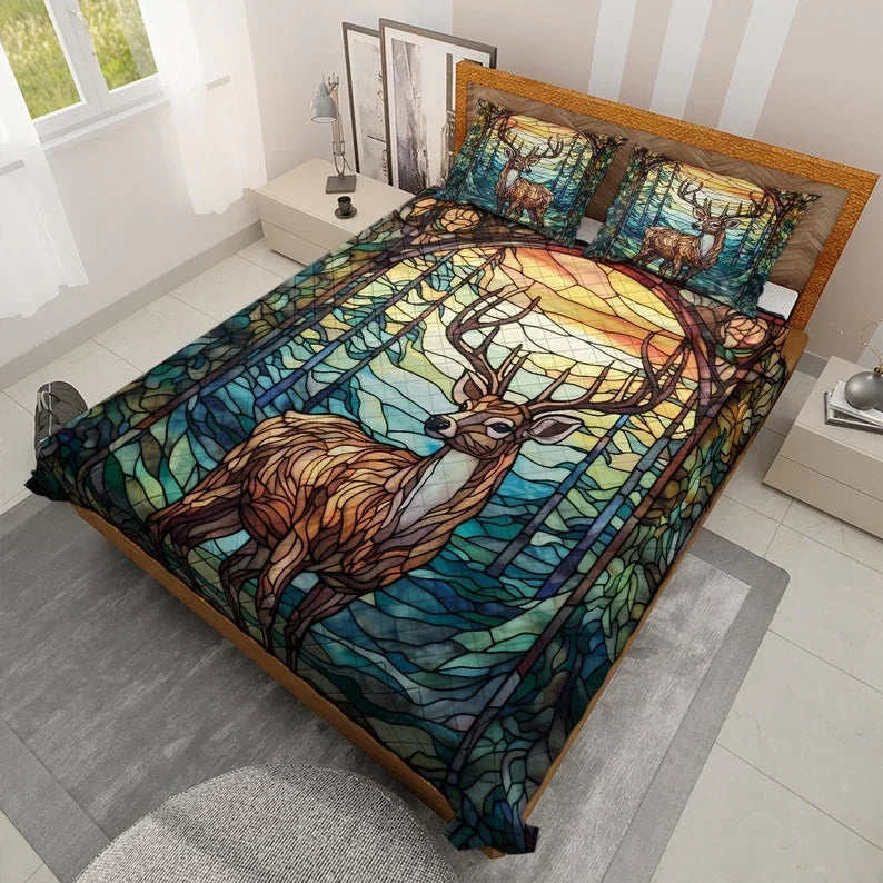 Personalized Vintage Reindeers Christmas 3-Piece Quilt Bedding Set With Pillowcases