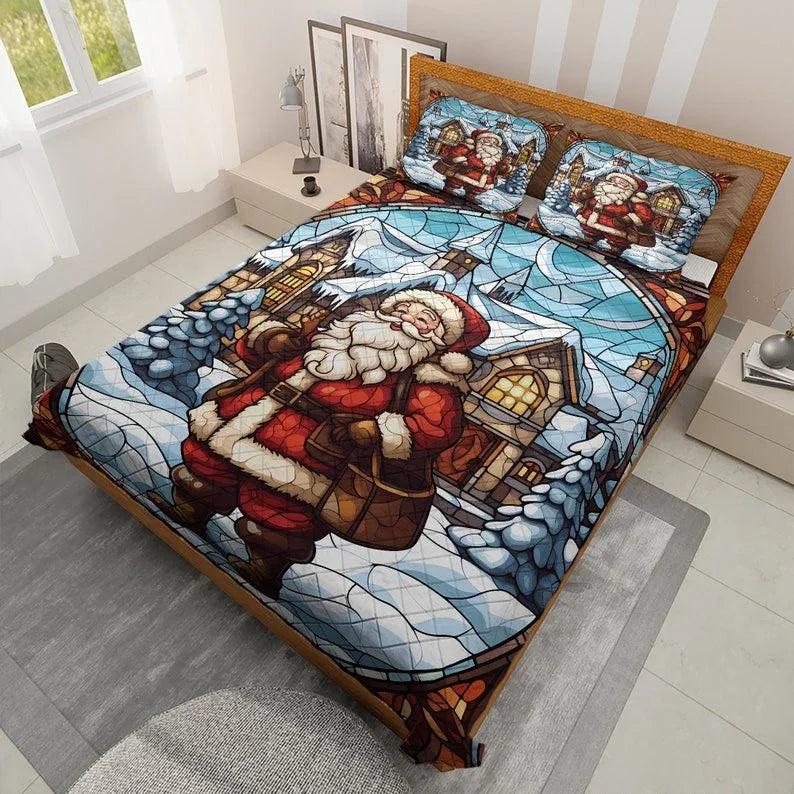 Personalized Vintage Saint Nicholas Christmas 3-Piece Quilt Bedding Set With Pillowcases