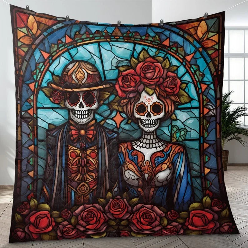 Personalized Vintage Floral Couple Skull Halloween 3-Piece Quilt Bedding Set With Pillowcases