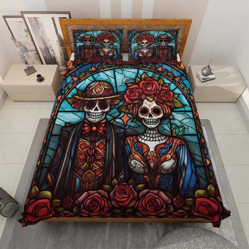 Personalized Vintage Floral Couple Skull Halloween 3-Piece Quilt Bedding Set With Pillowcases