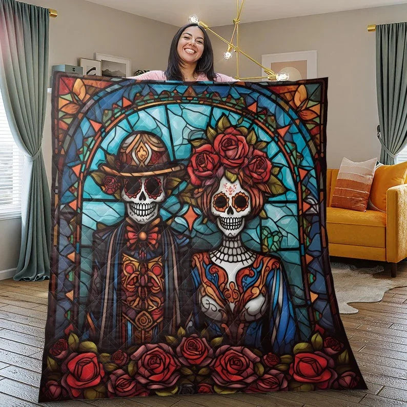 Personalized Vintage Floral Couple Skull Halloween 3-Piece Quilt Bedding Set With Pillowcases
