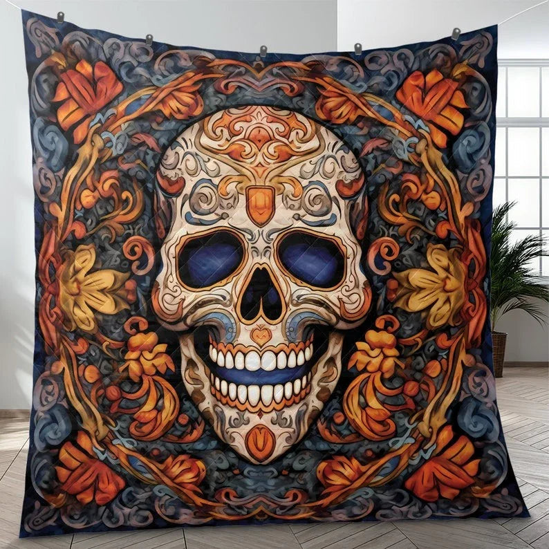 Personalized Vintage Floral Sugar Skull Halloween 3-Piece Quilt Bedding Set With Pillowcases
