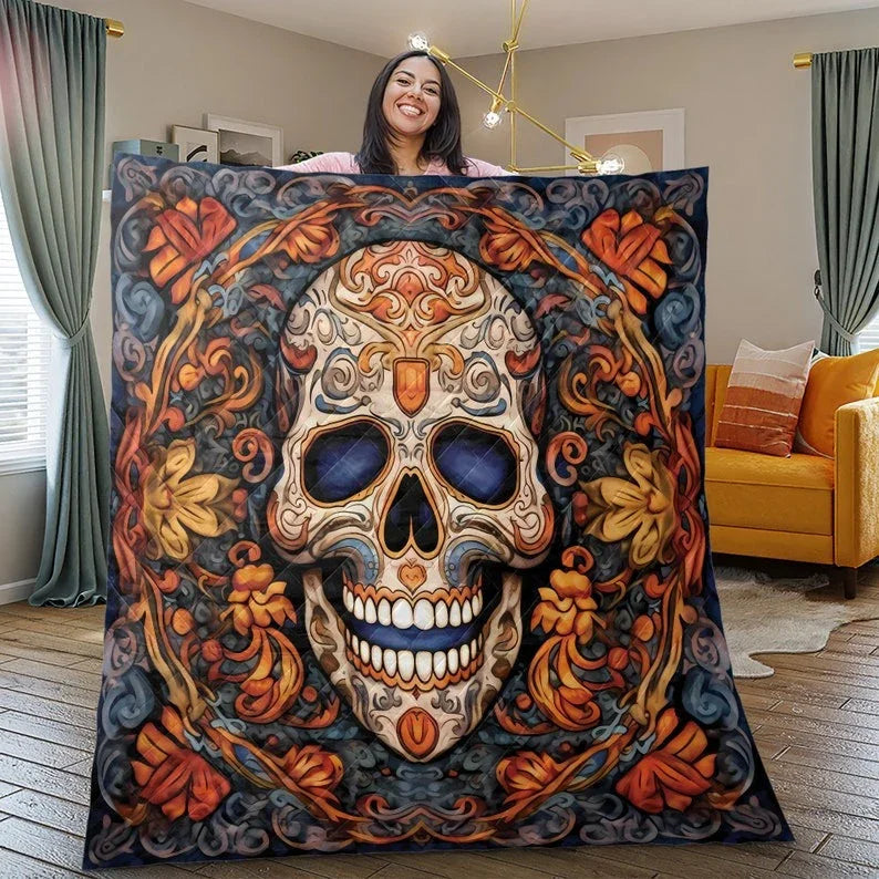 Personalized Vintage Floral Sugar Skull Halloween 3-Piece Quilt Bedding Set With Pillowcases