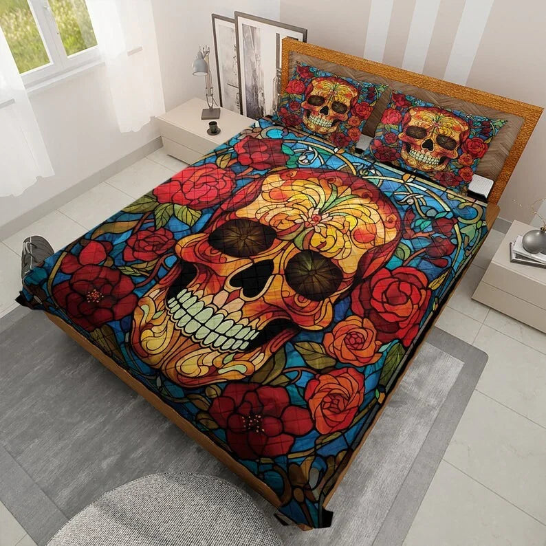 Personalized Vintage Flower Sugar Skull Halloween 3-Piece Quilt Bedding Set With Pillowcases