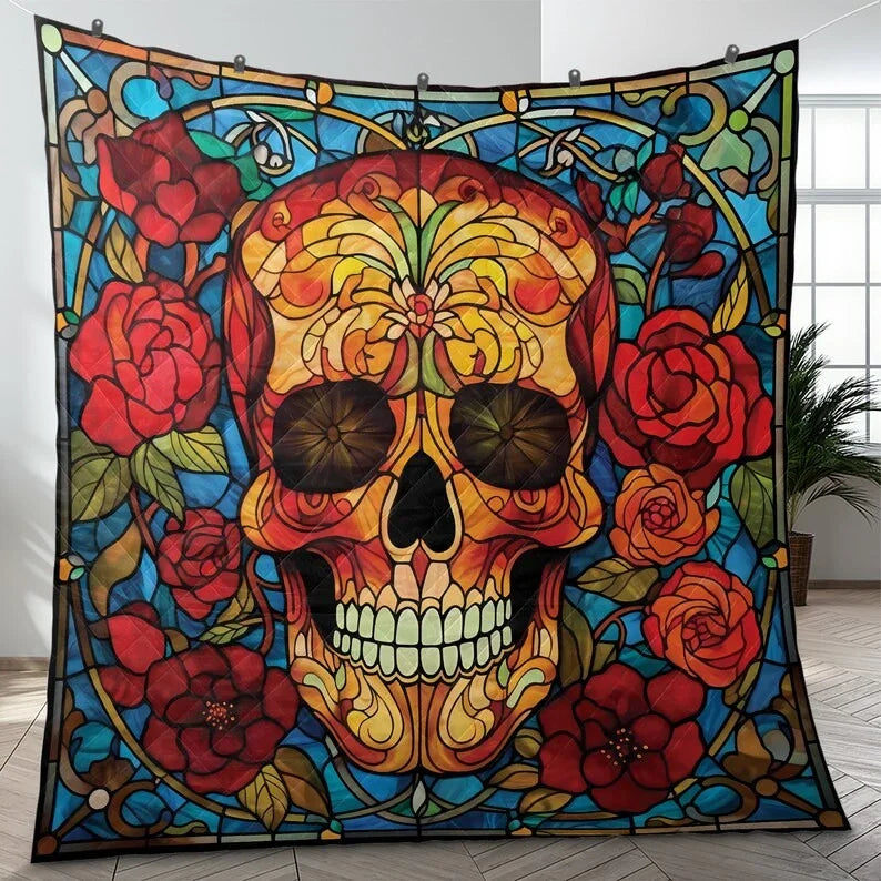 Personalized Vintage Flower Sugar Skull Halloween 3-Piece Quilt Bedding Set With Pillowcases