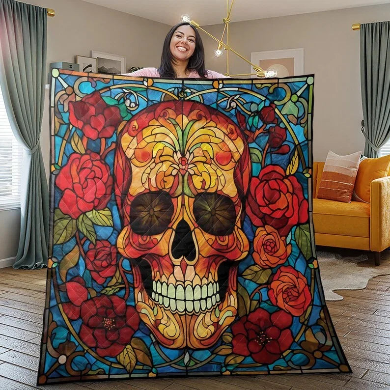Personalized Vintage Flower Sugar Skull Halloween 3-Piece Quilt Bedding Set With Pillowcases