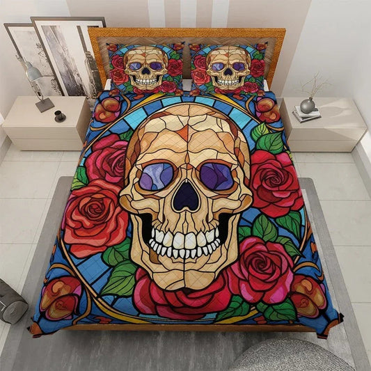 Personalized Retro Flowers Sugar Skull Halloween 3-Piece Quilt Bedding Set With Pillowcases