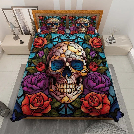Personalized Retro Flower Sugar Skull Halloween 3-Piece Quilt Bedding Set With Pillowcases