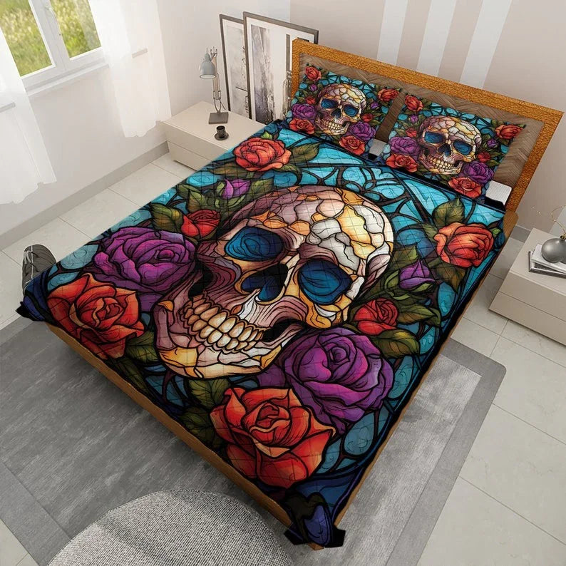 Personalized Retro Flower Sugar Skull Halloween 3-Piece Quilt Bedding Set With Pillowcases