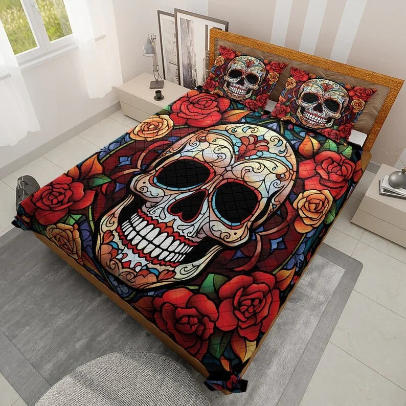 Personalized Flowers Sugar Skull Halloween 3-Piece Quilt Bedding Set With Pillowcases