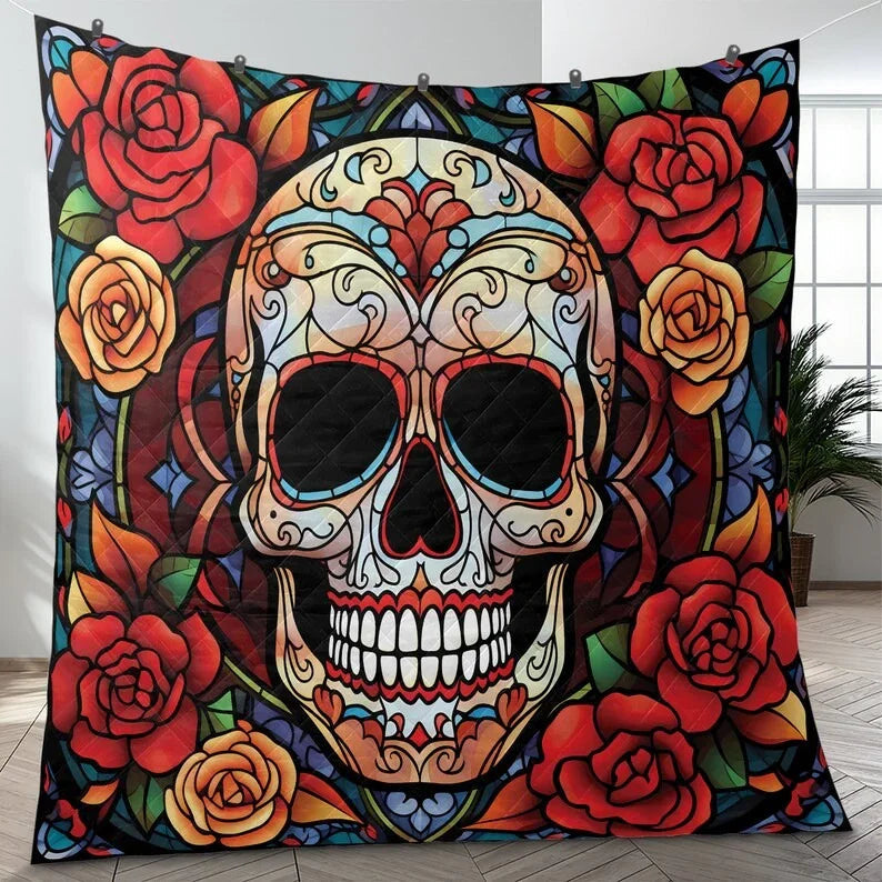 Personalized Flowers Sugar Skull Halloween 3-Piece Quilt Bedding Set With Pillowcases