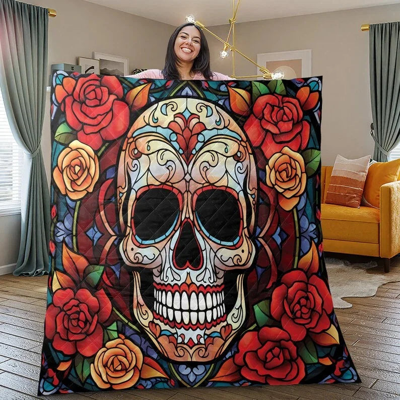 Personalized Flowers Sugar Skull Halloween 3-Piece Quilt Bedding Set With Pillowcases